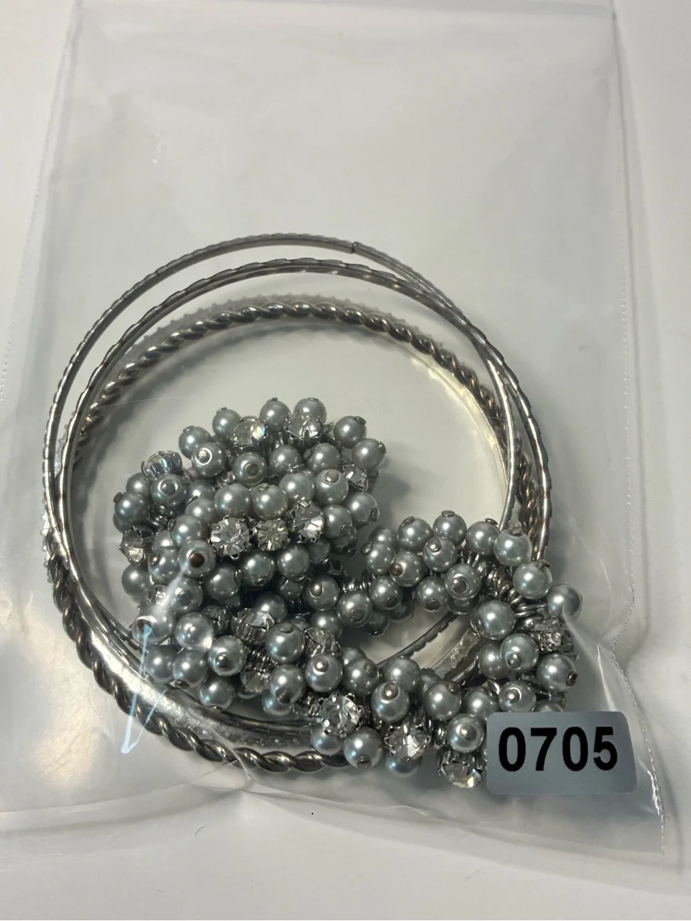 Silver Pearl & Crystal Stretch Bracelet with Stackable Bangle Set Lot of 5